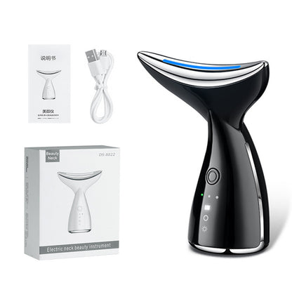 Black electric neck beauty instrument with LED light, USB cable, user manual, and packaging box
