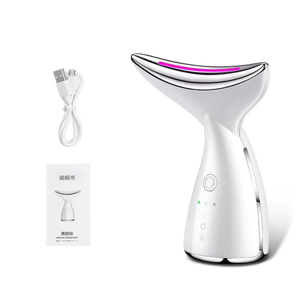 White handheld microcurrent LED skin tightening device with USB charging cable and manual