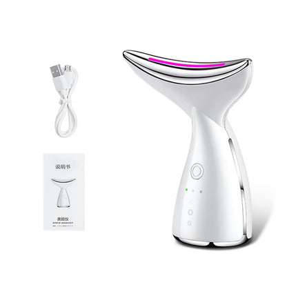 White handheld microcurrent LED skin tightening device with USB charging cable and manual