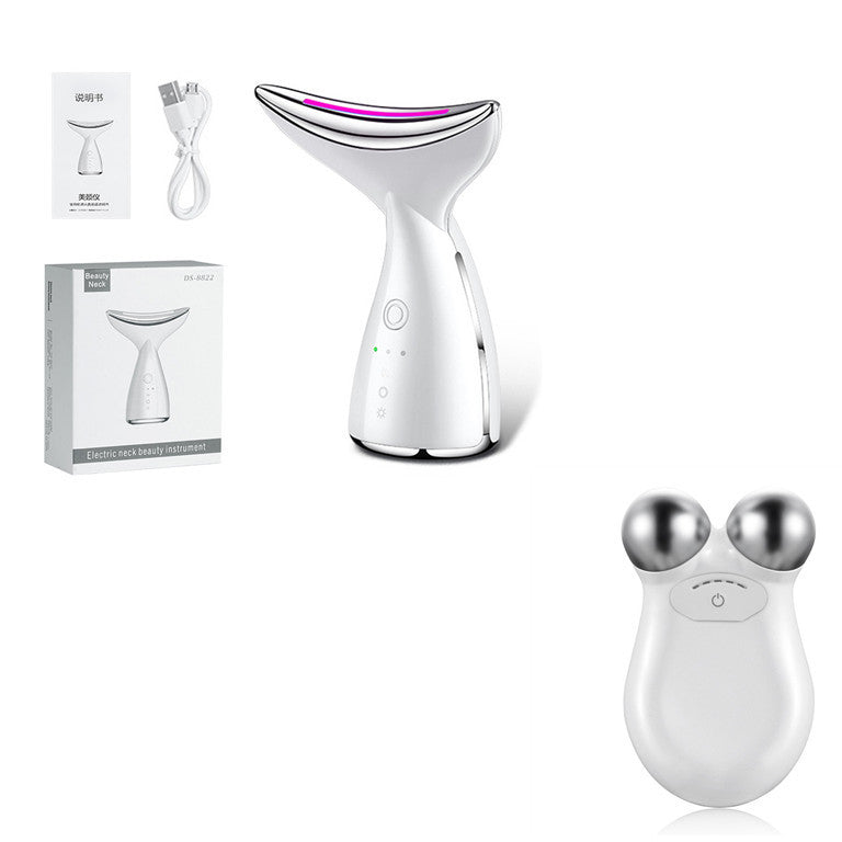 White electric neck beauty instrument with LED therapy, USB cable, manual, and dual-sphere massager