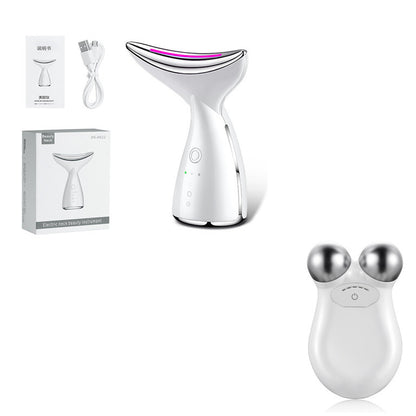 White electric neck beauty instrument with LED therapy, USB cable, manual, and dual-sphere massager