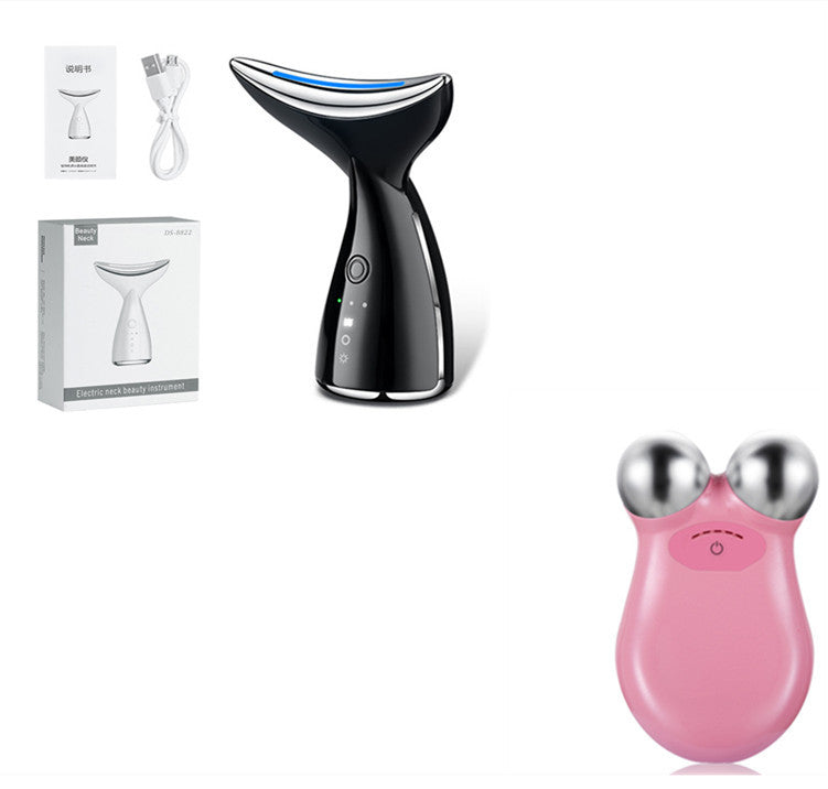 Black electric neck beauty device with USB cable, manual, packaging, and pink dual-ball facial massager