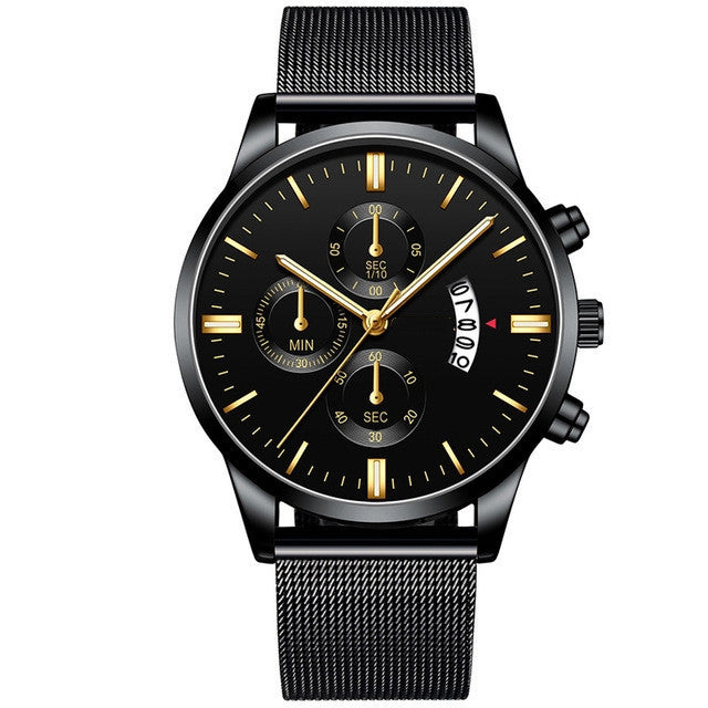 Black and gold luxury quartz men's watch with mesh stainless steel band and chronograph dials