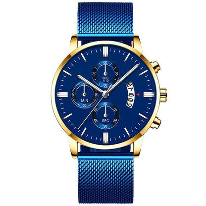 Luxury men's quartz watch with blue mesh band, gold case, and blue chronograph dial