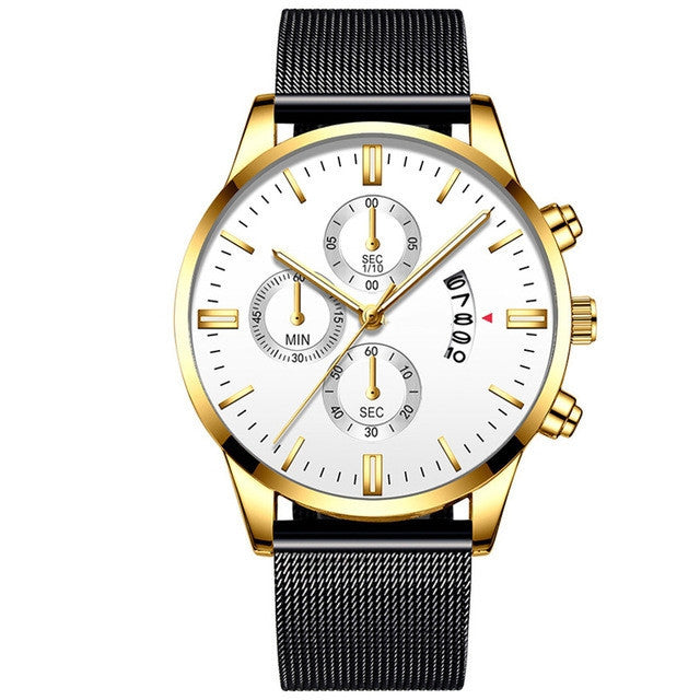 White gold luxury men's quartz watch with stainless steel mesh band and chronograph dials