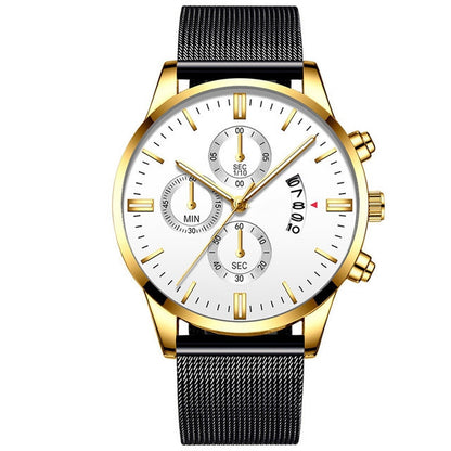 White gold luxury men's quartz watch with stainless steel mesh band and chronograph dials