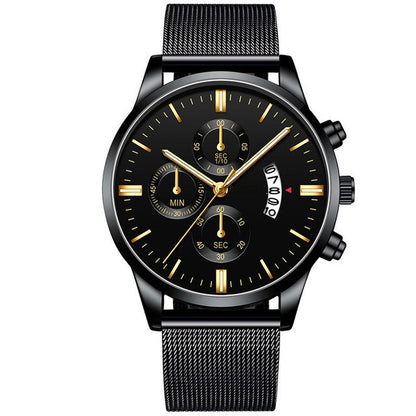 Black and gold men's luxury analog quartz watch with mesh stainless steel band and chronograph dials