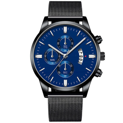Black stainless steel mesh band men's analog quartz watch with blue dial and chronograph subdials