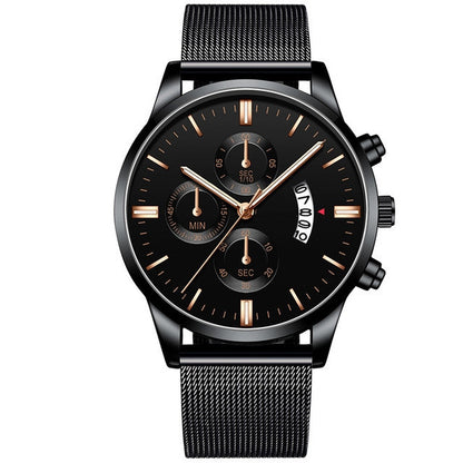 Black luxury men's quartz watch with rose gold markers, mesh band, and chronograph dials