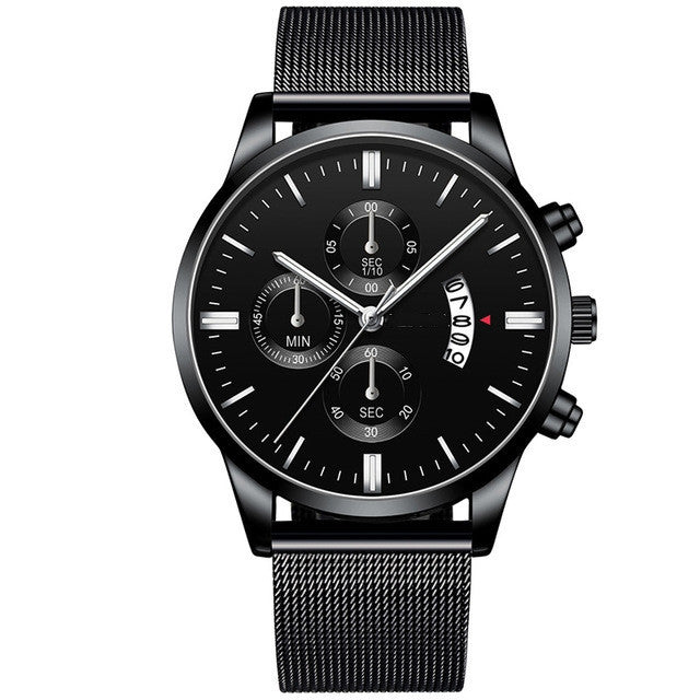 Black luxury men's quartz watch with mesh stainless steel band and analog chronograph dial