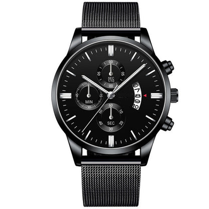 Black luxury men's quartz watch with mesh stainless steel band and analog chronograph dial