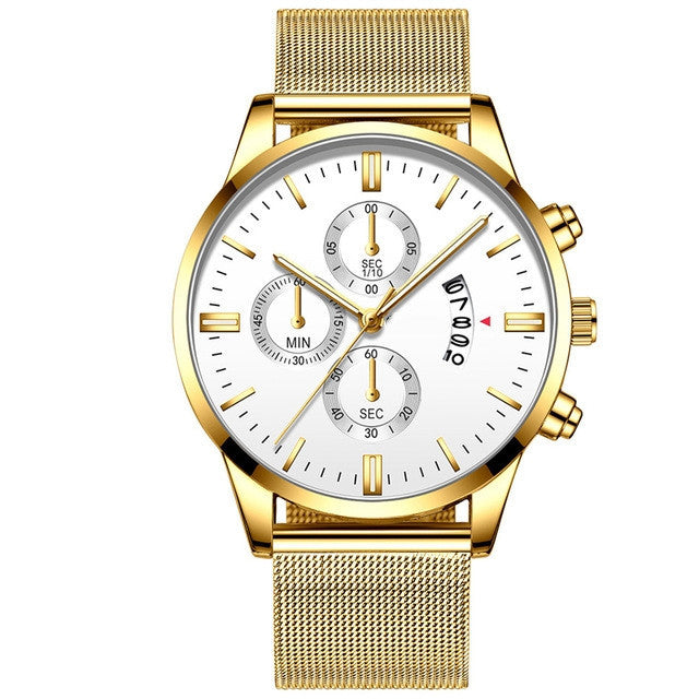 White dial men's luxury quartz watch with gold stainless steel mesh band and chronograph subdials
