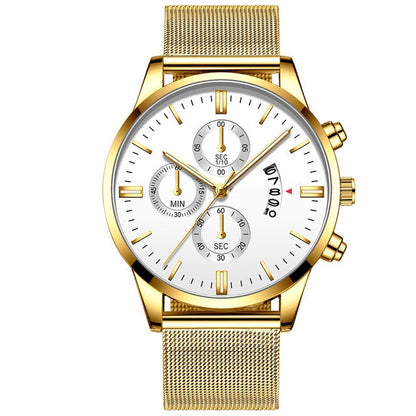 White dial men's luxury quartz watch with gold stainless steel mesh band and chronograph subdials