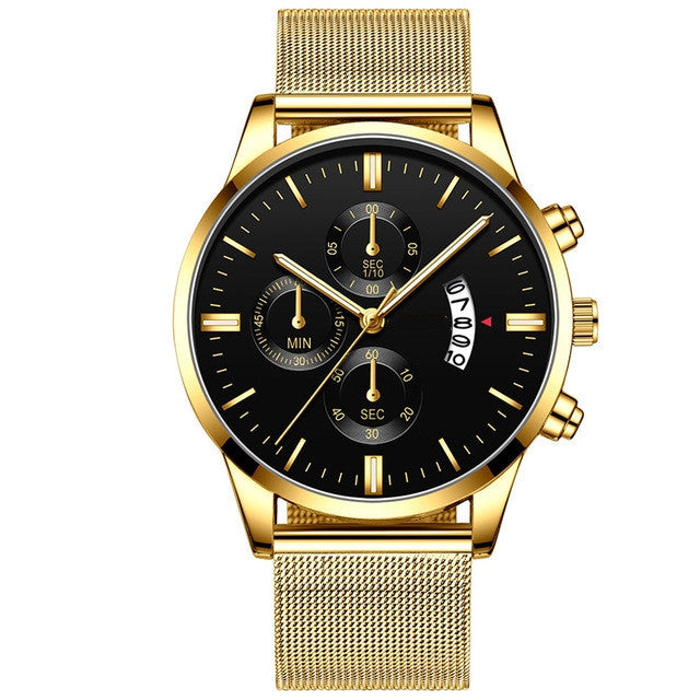 Luxury men's quartz watch with gold mesh band, black dial, chronograph and date display