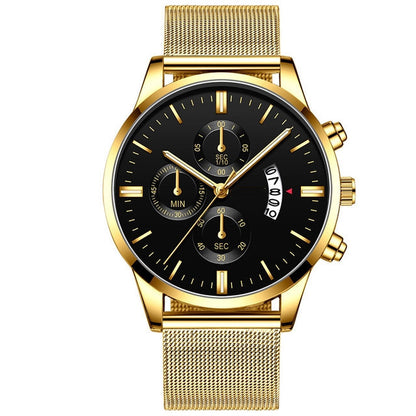 Luxury men's quartz watch with gold mesh band, black dial, chronograph and date display