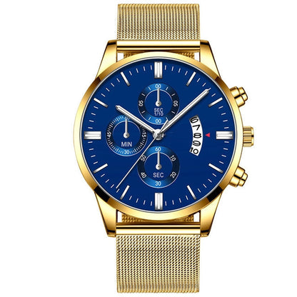 Luxury men's quartz watch with gold mesh band and deep blue dial featuring multiple subdials