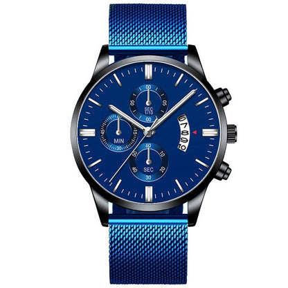 Blue chronograph wristwatch with stainless steel mesh band, black case, and date display