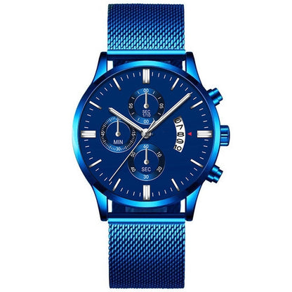 Blue men's quartz watch with chronograph dials and mesh stainless steel band
