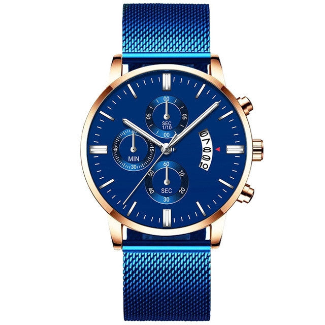 Luxury men's quartz watch with blue mesh stainless steel band and gold-tone case