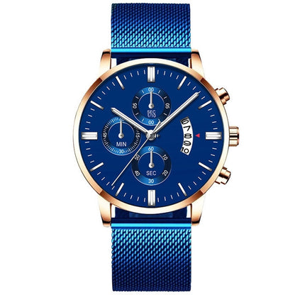 Luxury men's quartz watch with blue mesh stainless steel band and gold-tone case