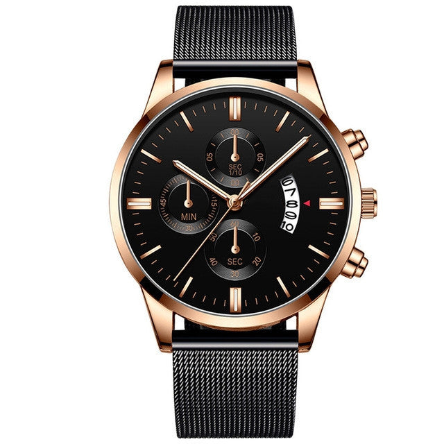 Rose gold luxury quartz men's watch with black mesh band and black dial with chronograph subdials
