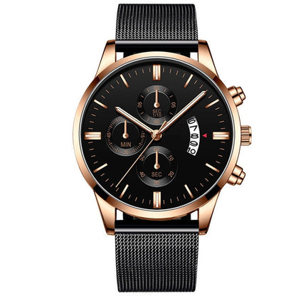 Rose gold luxury quartz men's watch with black mesh band and black dial with chronograph subdials