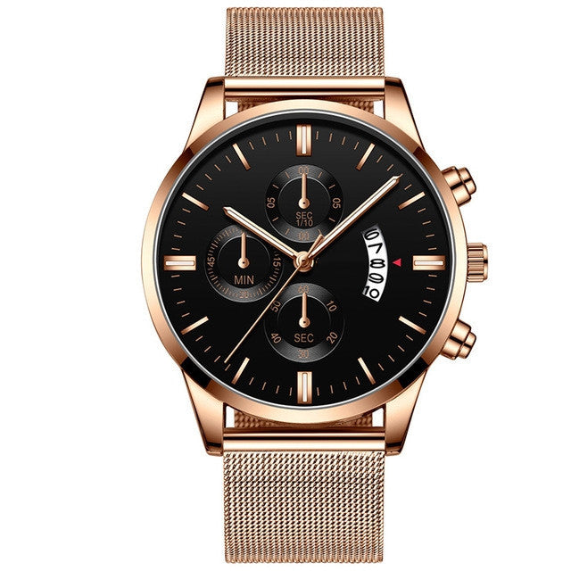 Luxury men's quartz watch with black dial, rose gold stainless steel mesh band, and chronograph subdials
