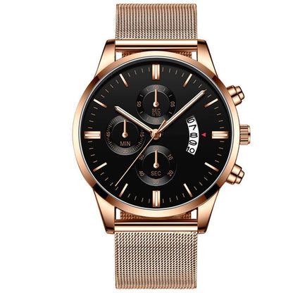 Luxury men's quartz watch with black dial, rose gold stainless steel mesh band, and chronograph subdials