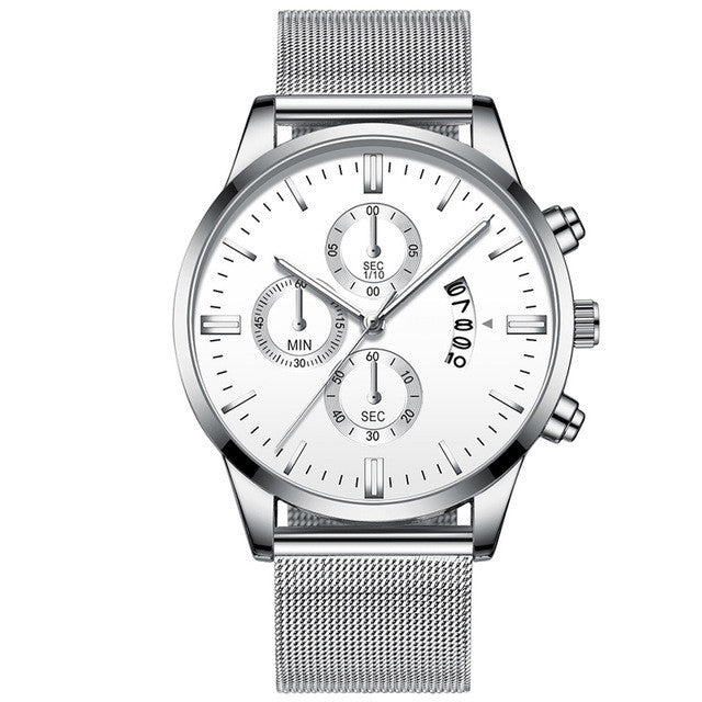Silver men's quartz watch with white dial, mesh stainless steel band, chronograph subdials, and date display