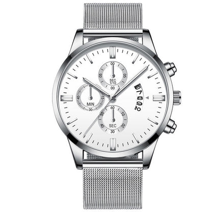 Silver men's quartz watch with white dial, mesh stainless steel band, chronograph subdials, and date display