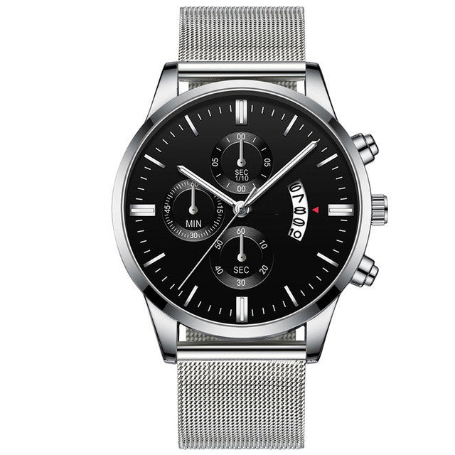 Men's luxury quartz watch with black dial, silver mesh band, chronograph subdials, and date display