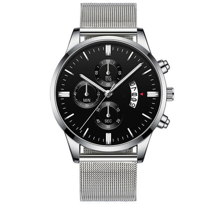 Men's luxury quartz watch with black dial, silver mesh band, chronograph subdials, and date display