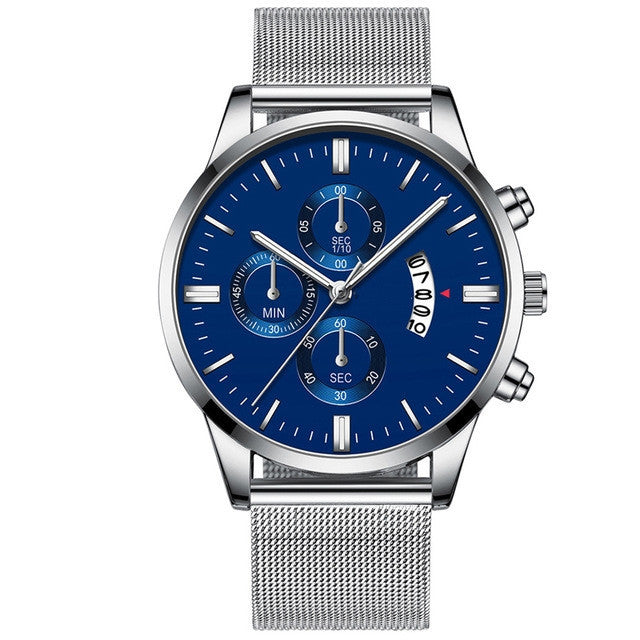 Men's luxury quartz watch with blue dial, stainless steel mesh band, and chronograph subdials