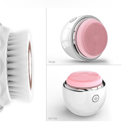 White and pink ultrasonic electric face washer with soft silicone bristles and power button