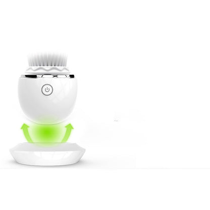 White gold ultrasonic electric face washer hovering above wireless charging base with power button