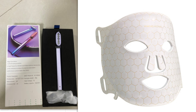 White IPL skin rejuvenation mask with honeycomb texture and handheld LED beauty device in packaging