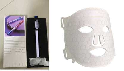 White IPL skin rejuvenation mask with honeycomb texture and handheld LED beauty device in packaging