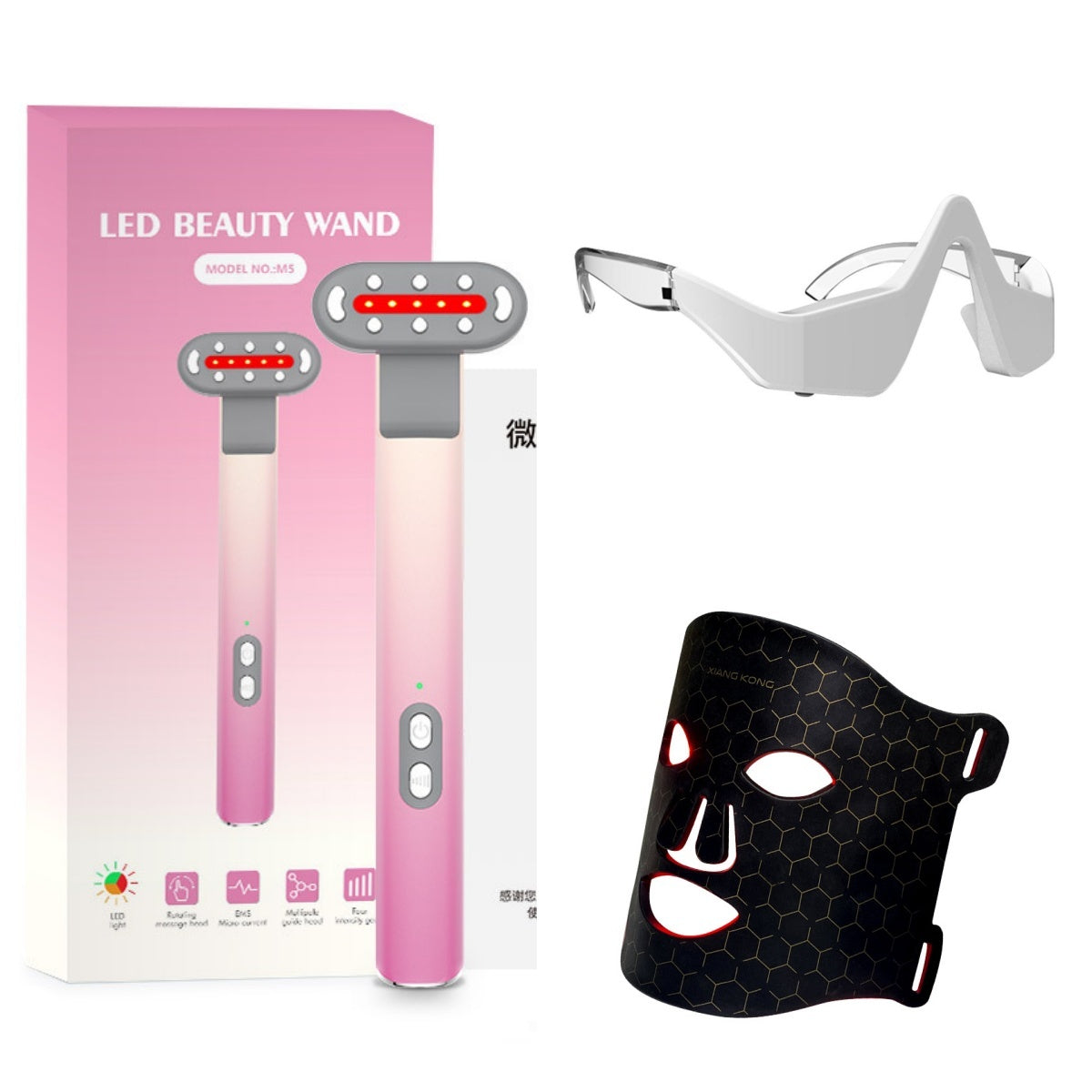 Pink LED beauty wand with massage heads and black LED light therapy face mask with protective glasses