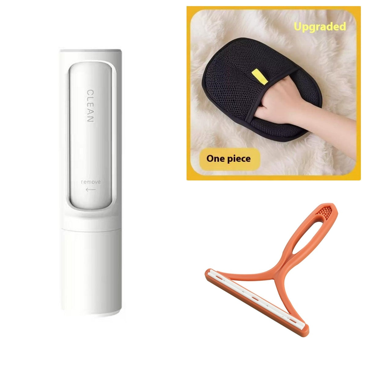 Set of white self-cleaning lint roller, black pet hair remover glove, and orange fabric shaver on white background