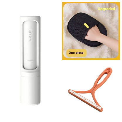 Set of white self-cleaning lint roller, black pet hair remover glove, and orange fabric shaver on white background