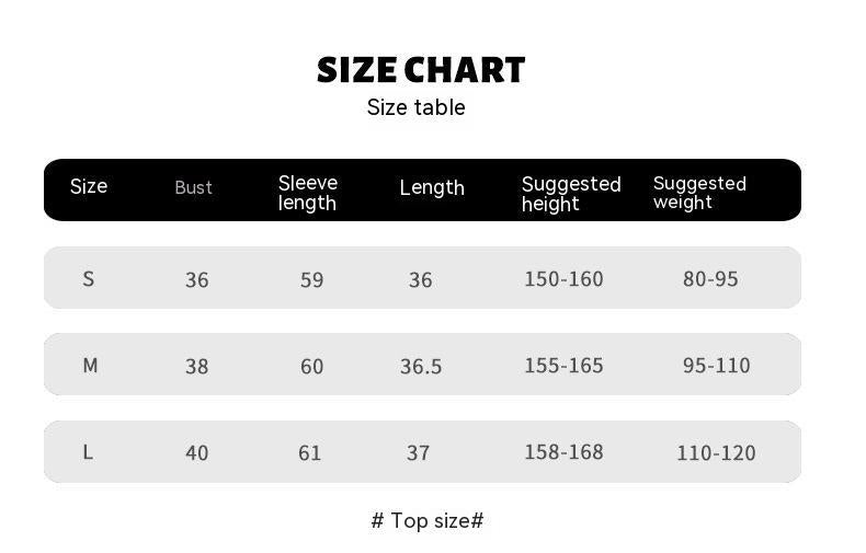 size chart for women's three-piece activewear set showing bust, sleeve length, length, suggested height and weight