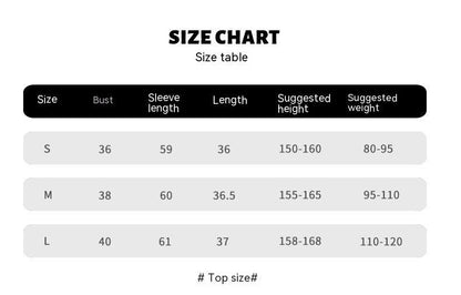 size chart for women's three-piece activewear set showing bust, sleeve length, length, suggested height and weight