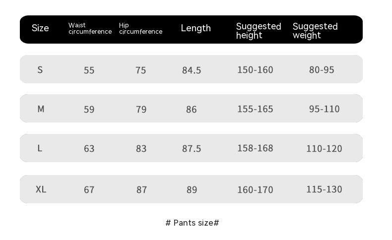 Size chart for white powder three-piece activewear set with waist, hip, length, height, and weight measurements