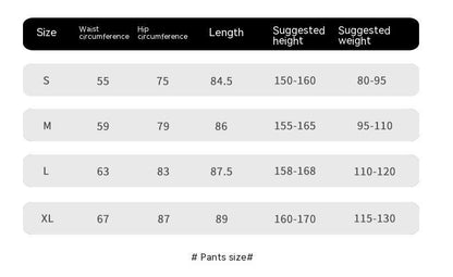 Size chart for white powder three-piece activewear set with waist, hip, length, height, and weight measurements
