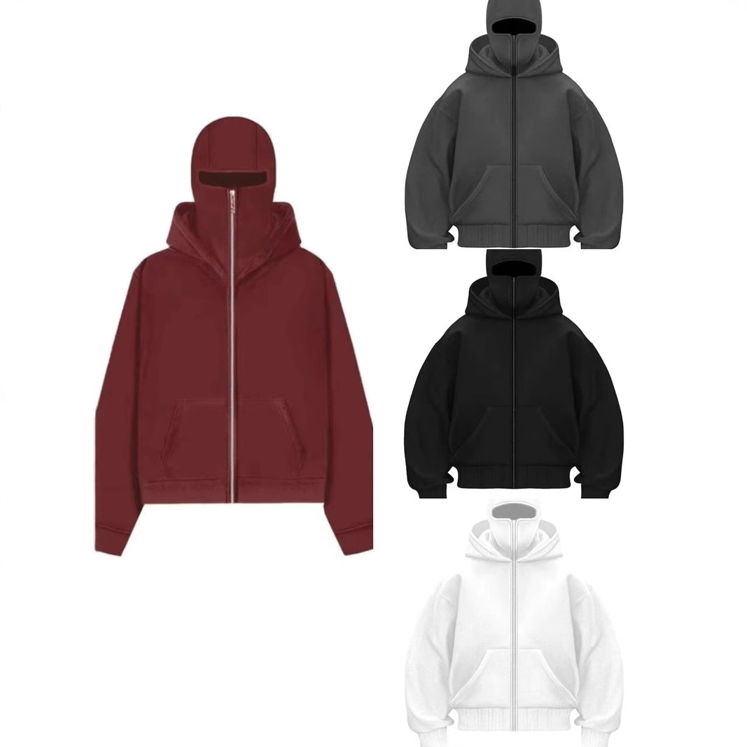 Men's hooded cardigan jackets in burgundy, gray, black, and white with front zipper and kangaroo pockets