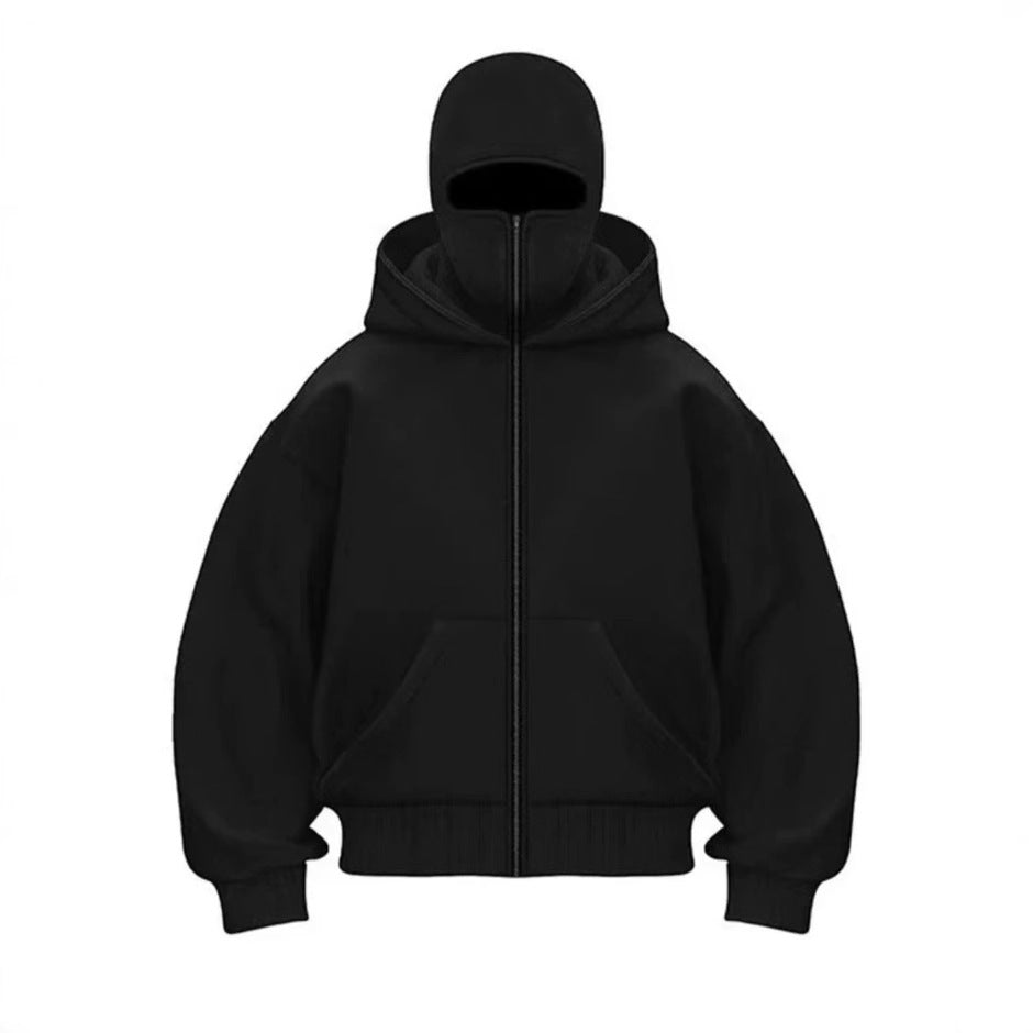Black men's zip-up hooded cardigan with loose fit and kangaroo pockets