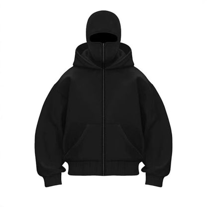 Black men's zip-up hooded cardigan with loose fit and kangaroo pockets