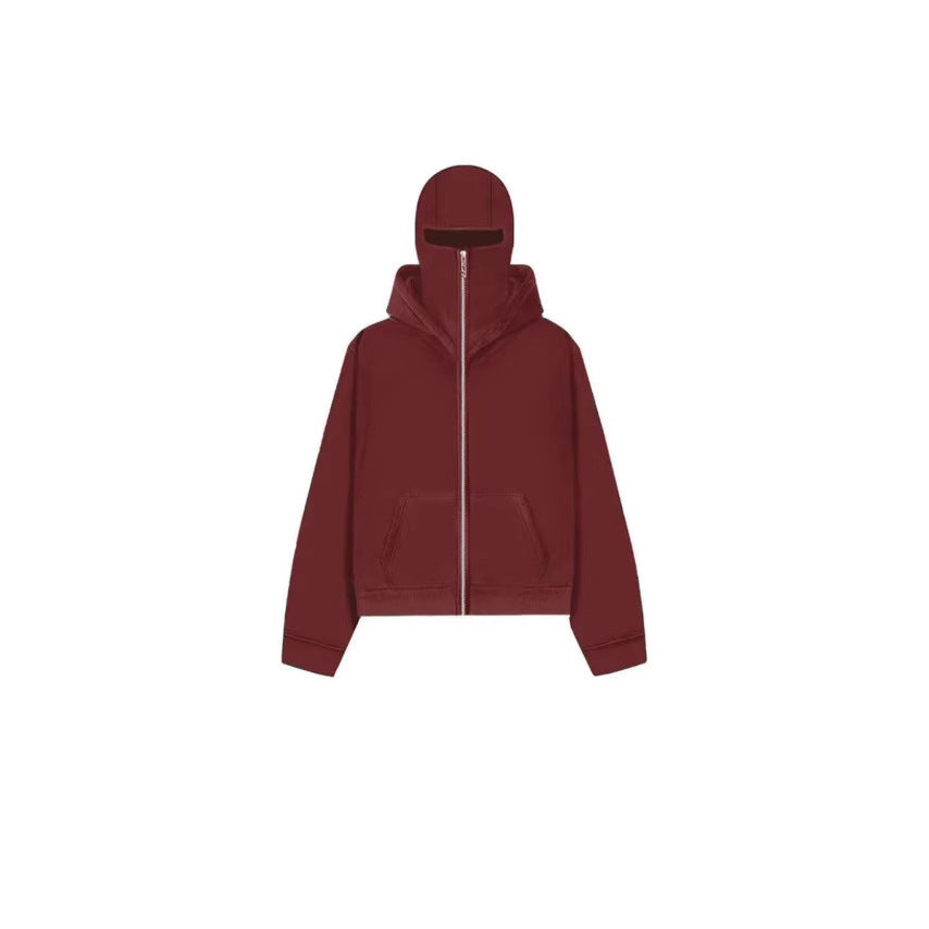 Maroon zip-up hooded sweatshirt with front pockets on white background