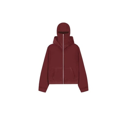 Maroon zip-up hooded sweatshirt with front pockets on white background