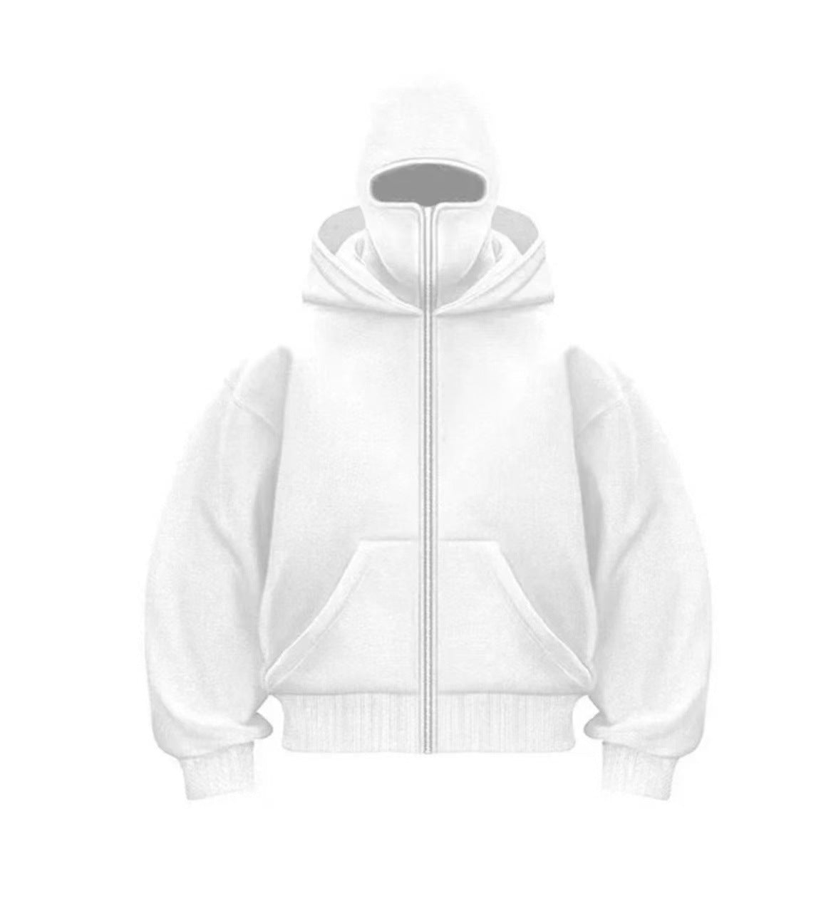 White men's hooded zip-up cardigan with loose fit and front pockets